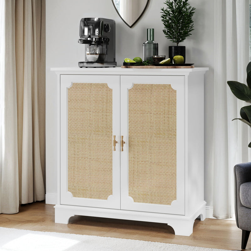 Rattan Decorated Sideboard Buffet Storage Liquor Cabinet - White