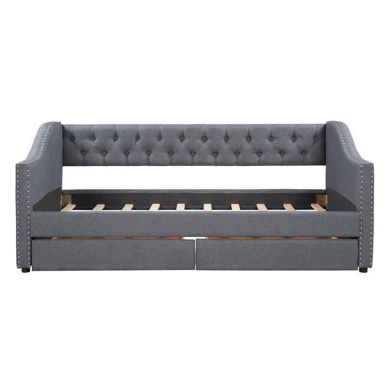 Twin Size Upholstered Daybed With Two Drawers, Slat Support - Gray