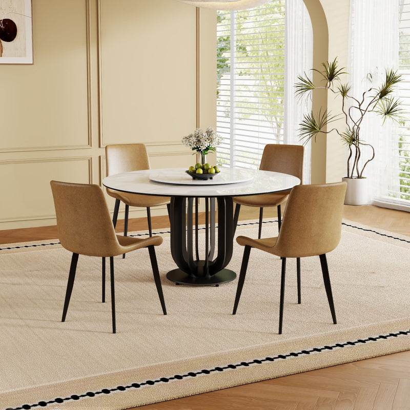 Round Dining Table With Carbon Steel Base And Lazy Susan / For Kitchen And Dining Room, 4 Chairs - Black / White