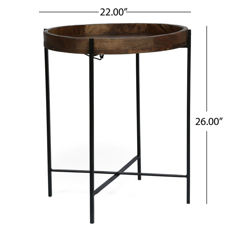 Modern Industrial Round End Table With Tray Top And Foldable Iron Legs - Natural
