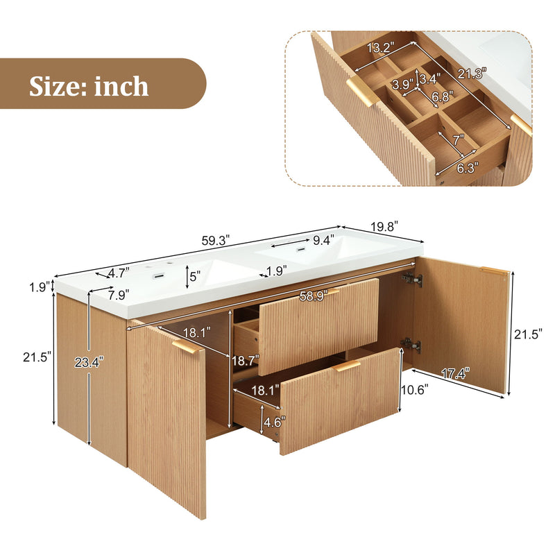 59.3" Double Sink Bathroom Vanity With Smc Resin Top, Painted Cabinet, Soft Close Doors, Wall Mounted - Wood