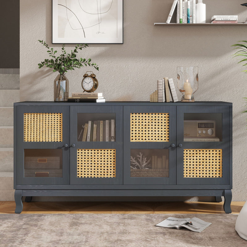 Retro Industrial 4 Door Sideboard With Large Storage, Rattan And Glass Doors