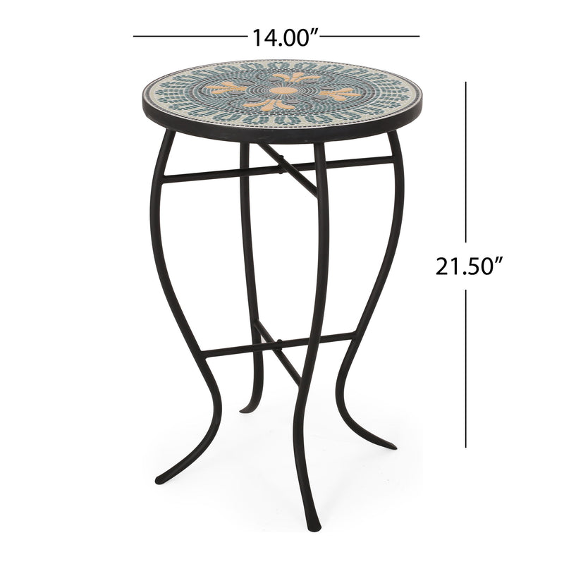 Outdoor Side Table With Tile Mosaic Table Top - Black