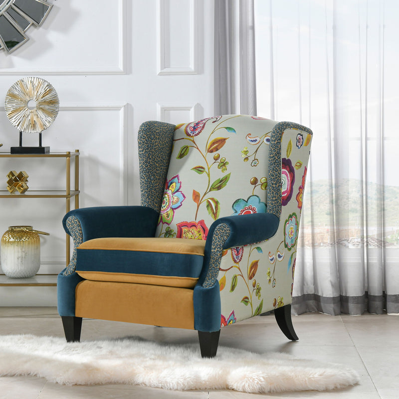 Anya - Boho Chic Wingback Accent Arm Chair - Floral / Leopard / Blue Teal / Yellow Gold