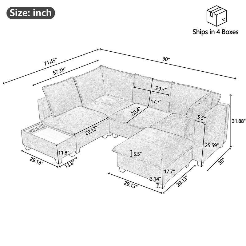U-Shaped Sectional Modular Sofa With A Movable Ottoman, A Coffee Table With Hidden Charging Devices For Living Room