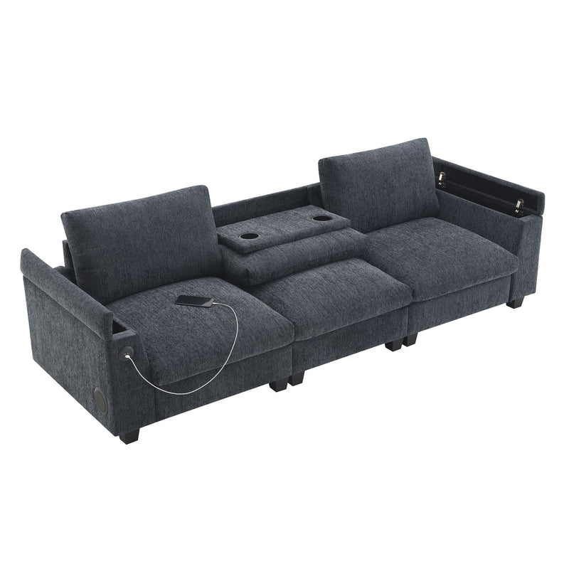 Sectional With Bluetooth Speaker Comfy Cloud Couch Set With Drop Down Table Cup Holders, USB Charger Storage Armrest Wide Seat Sofa