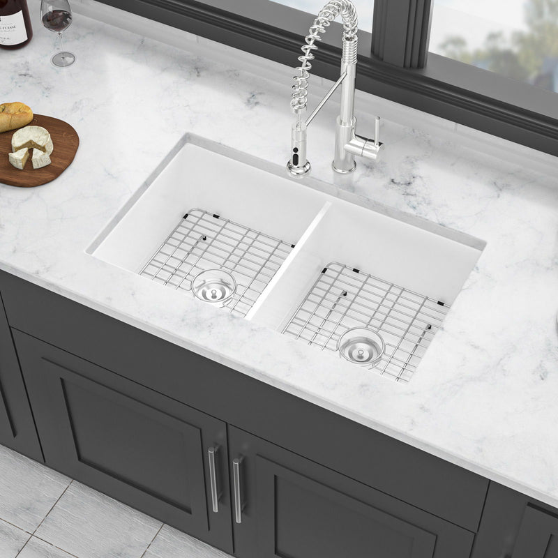 Elegant Dual Mount 32" Undermount Double Bowl Ceramic Kitchen Sink - White