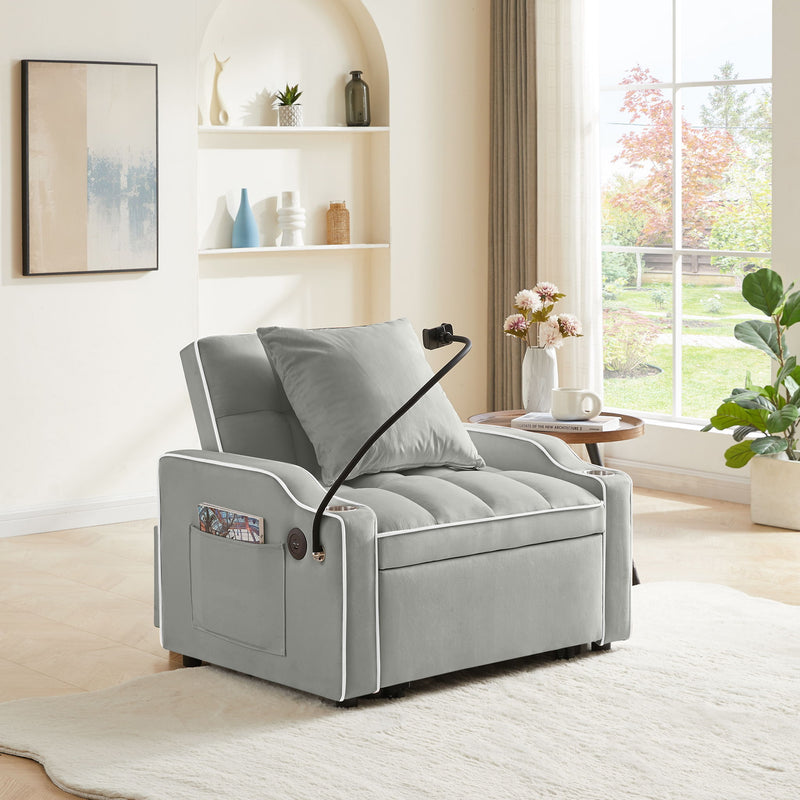 Convertible Velvet 3 In 1 Sofa Bed With Adjustable Sleeper Chair And Multi Pockets