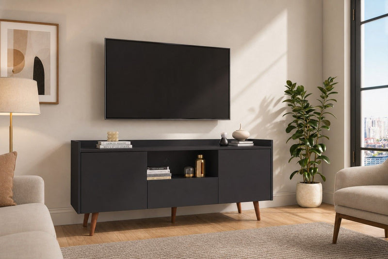 TV Stand For TVs Up To 60" With Open Storage Shelf, 2 Doors, 1 Drawer And Cable Management