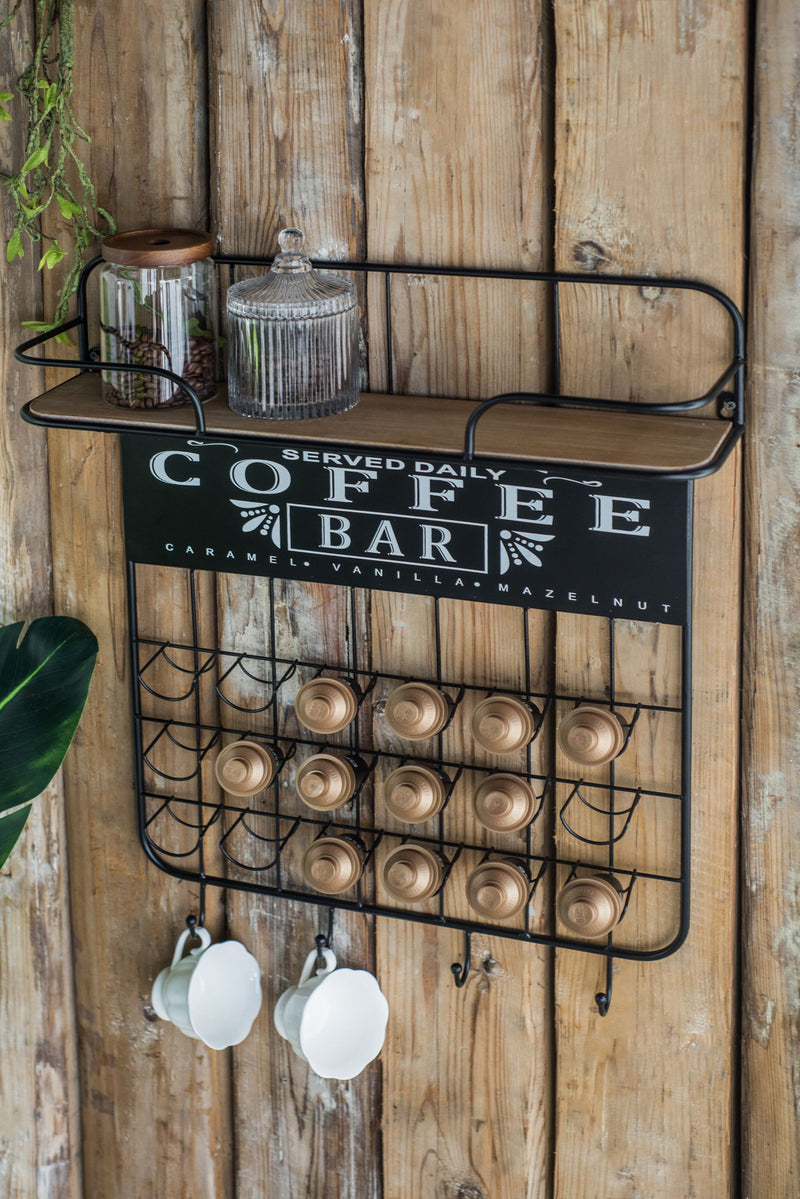Floating Coffee Bar Shelf With Coffee Pod Holder, Hooks And Storage Shelf - Black