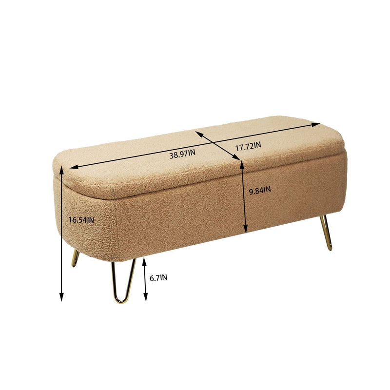 Storage Ottoman Bench For End Of Bed Gold Legs, Modern Camel Faux Fur Entryway Bench Upholstered Padded With Storage For Living Room Bedroom - Camel