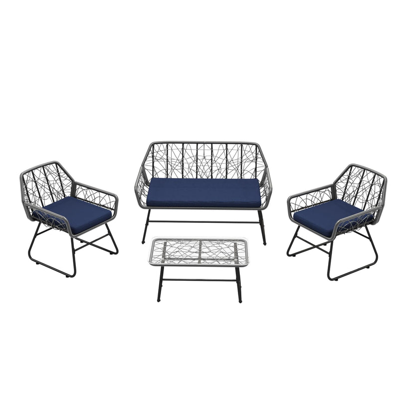 4 Piece Wicker Patio Furniture Set With Tempered Glass Table And Detachable Cushions