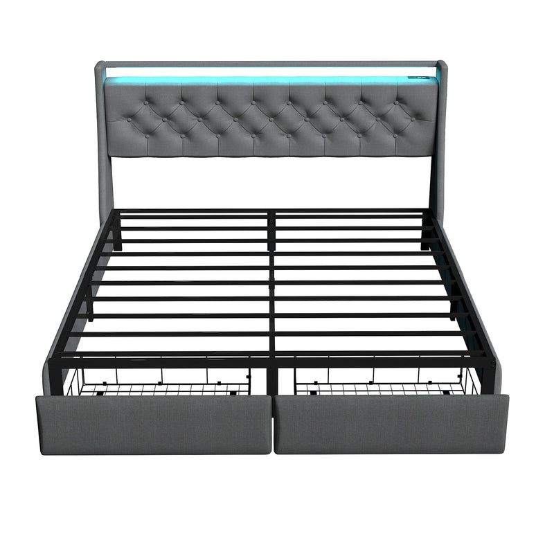 Floating Bed Frame With Rgb LED Light, 2 Storage Drawers & Headboard Shelf