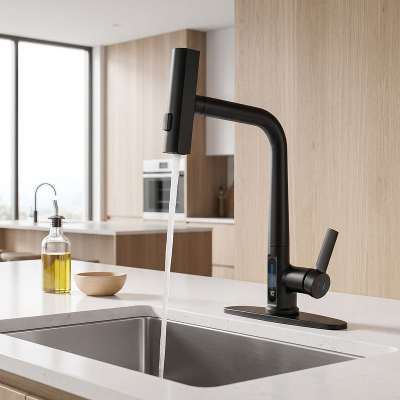 Matte Black Pull-Out Kitchen Faucet With Sprayer, Kitchen Sink Faucet With 3 Spray Modes, Battery-Free LED Temperature Display, 360 Degrees Swivel Spout, Fits 1 Or 3 Hole Sink