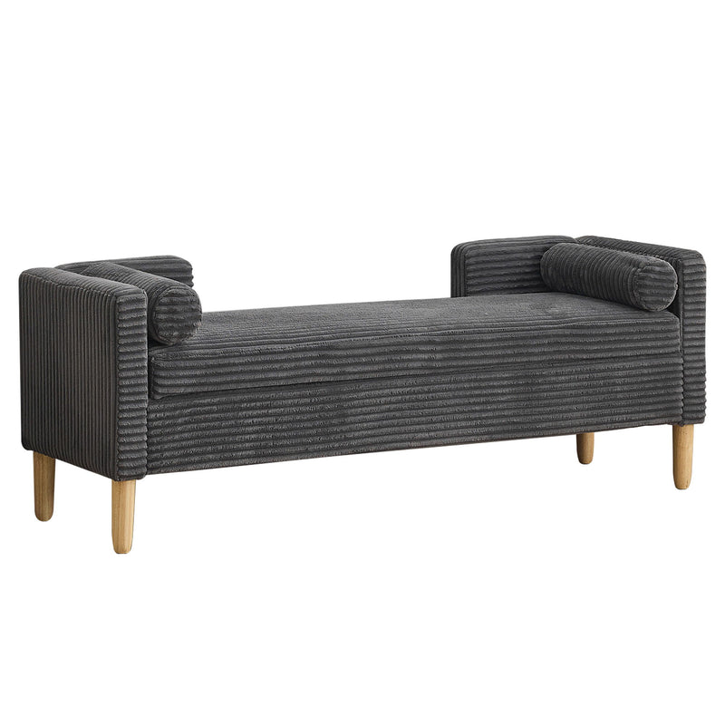 Wide Corduroy Storage Soft Bench With Armrests, Backrest And Two Bolster Pillows