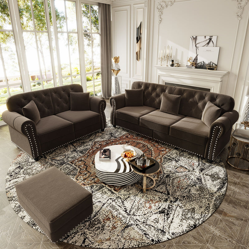 Upholstered Sofa Set With Nailhead Trim And Rolled Armrests, Includes Pillows