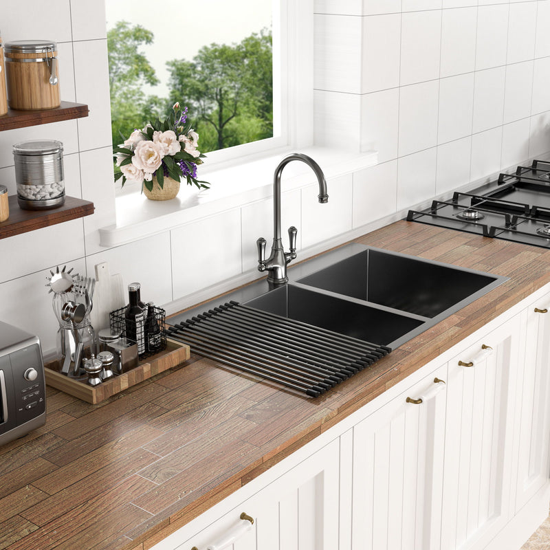 Double Bowl Drop In Kitchen Sink, 16 Gauge Stainless Steel With 2 9" Deep Basins - Gunmetal Black