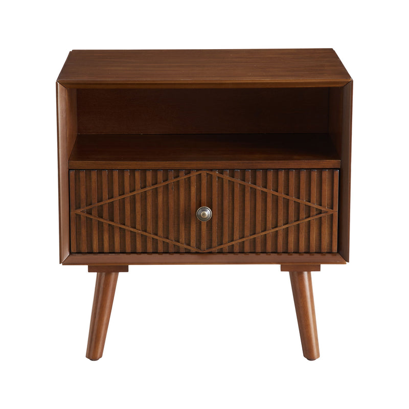 Nightstand With Carved Geometric Drawer Front, 1 Drawer And Open Shelf, Bedside Table For Bedroom - Walnut