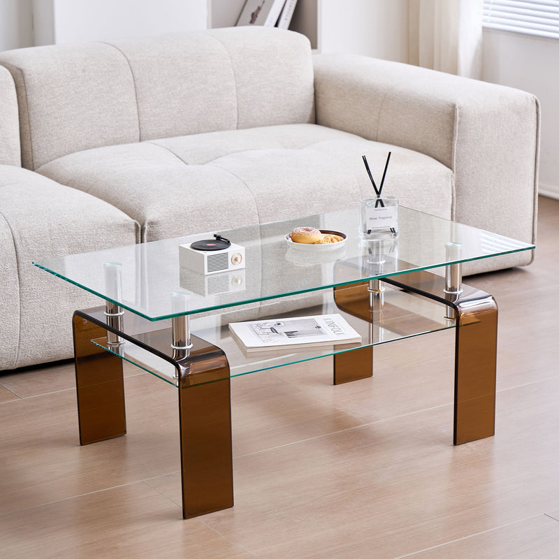 Modern Tempered Glass Coffee Table With 2 Tier Storage For Living Room