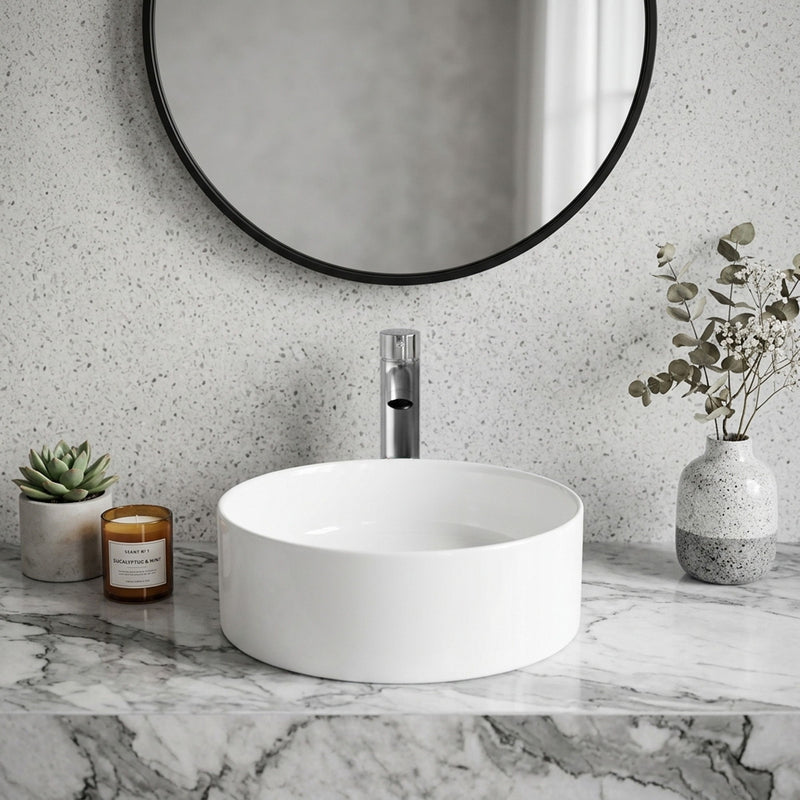 White Round Ceramic Vessel Sink, Sleek Glazed Art Bathroom Sink Bowl, Countertop Vanity Basin