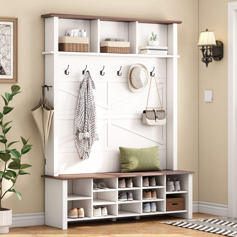 4 In 1 Hall Tree With 6 Hooks, Entryway Bench With Adjustable Shelves - White