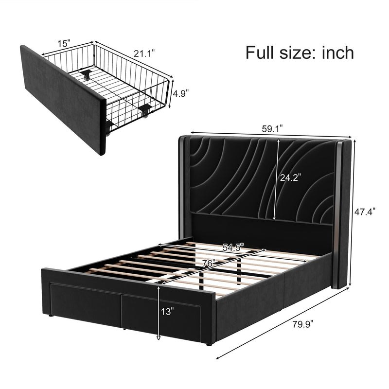 Modern Upholstered LED Bed Frame With Storage Drawers, Wingback Headboard, RGB Light