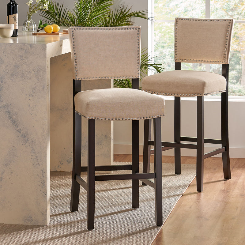 Barstools With Rivet Decoration (Set of 2), Wood Frame, Bar Chairs For Kitchen Island - Beige