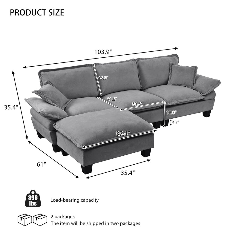 Modular Sectional Sofa With Movable Ottoman & Pillows