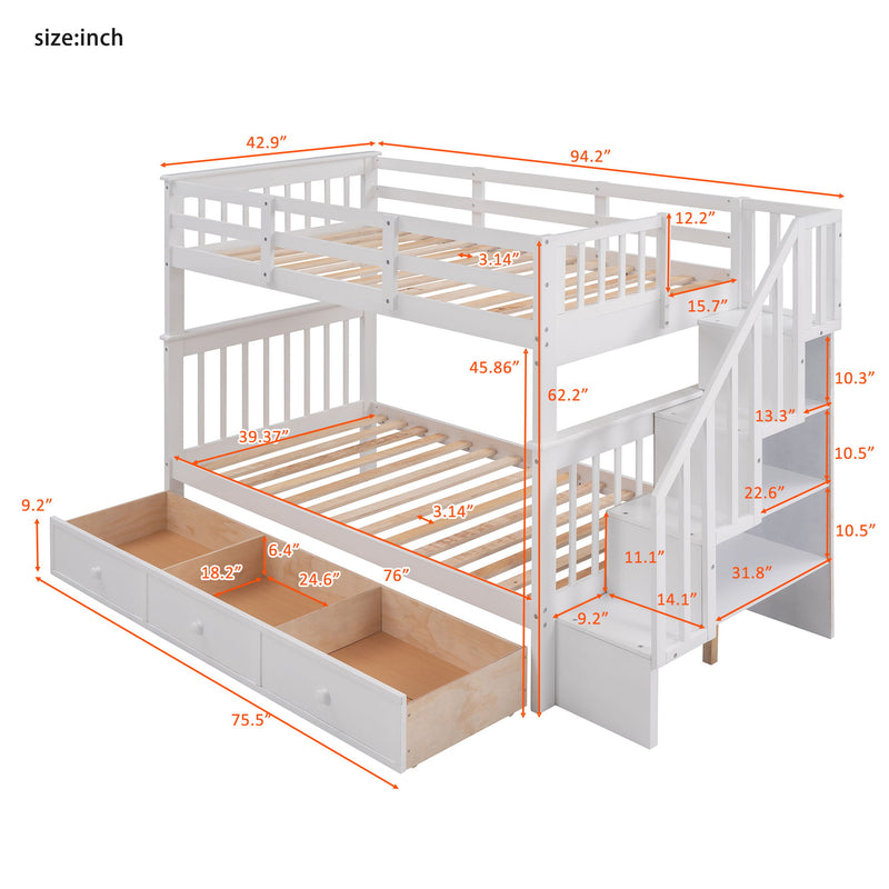 Stairway Bunk Bed With Storage And Guard Rail For Bedroom
