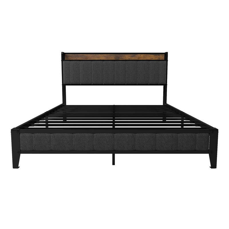 Bed With Charging Station, American Design Upholstered Headboard, Metal Platform