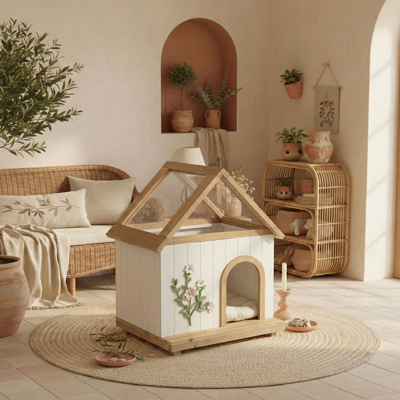 Daisy Cat House With Roof & Indoor Outdoor Pet Shelter For Cats & Small Dogs (11–25 Lbs) - White / Wood