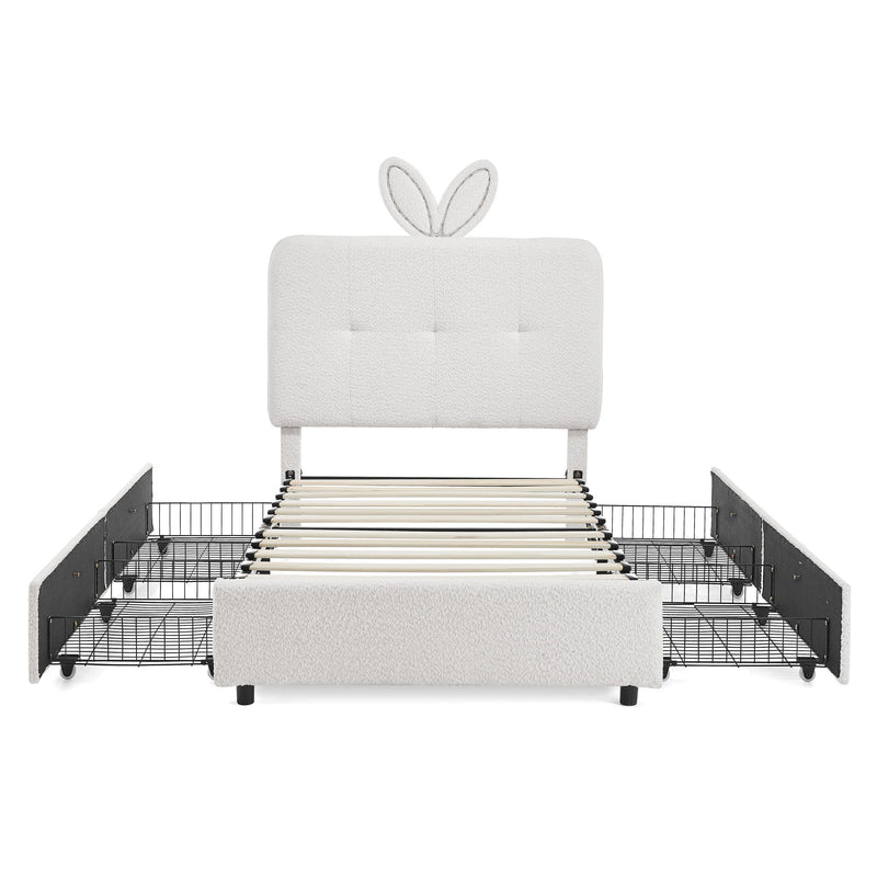 Upholstered Bed With Oversized Rabbit Ear Headboard, LED Lights & 4 Storage Drawers