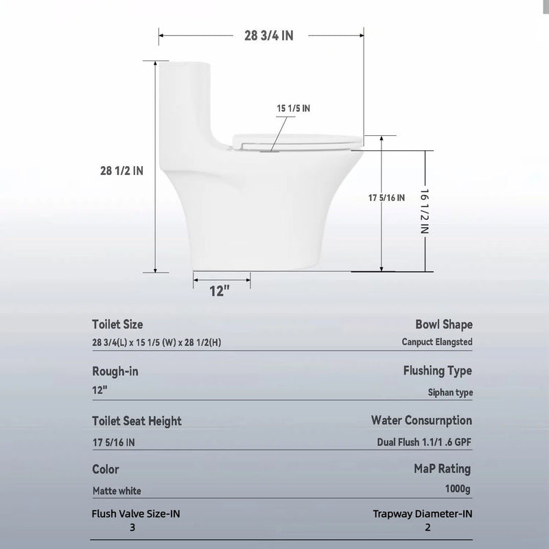 Elegant One Piece Toilet With Tornado Dual Flush, Siphonic S Trap 12", Soft Close Seat, Dual Flush, Ada Height, Glossy - Gloss White
