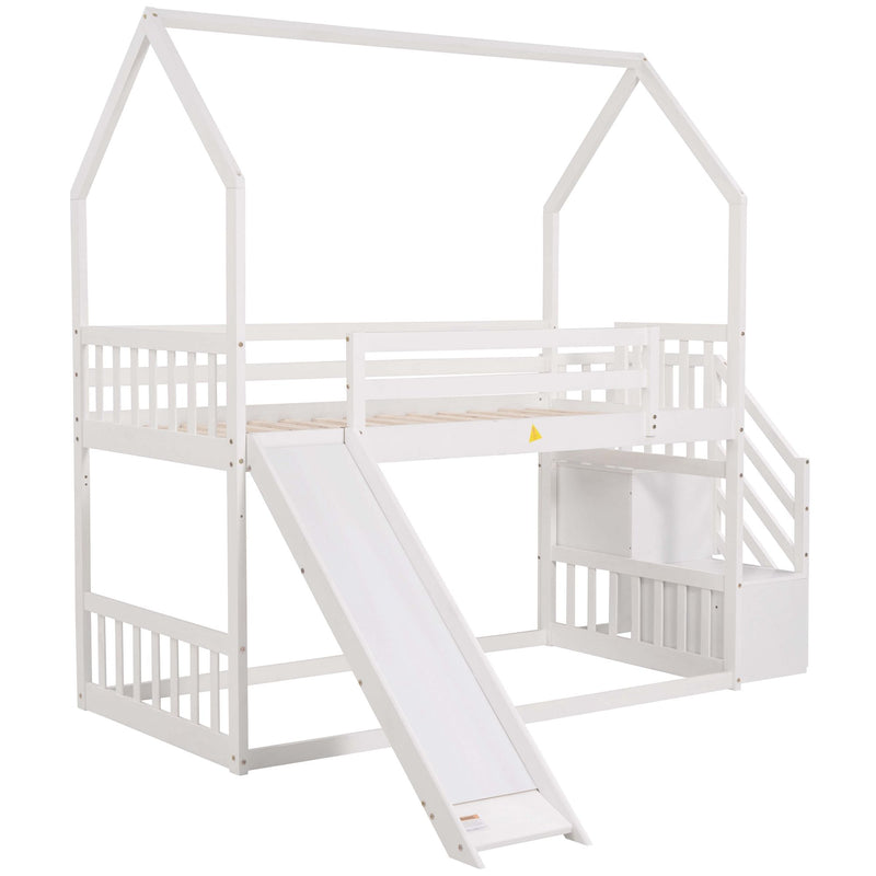 Twin Over Twin House Bunk Bed With Convertible Slide, Storage Staircase