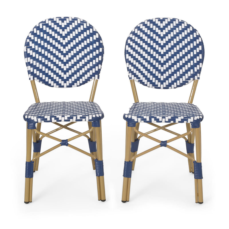 Outdoor Rattan And Aluminum French Armless Bistro Chairs Set - Navy Blue