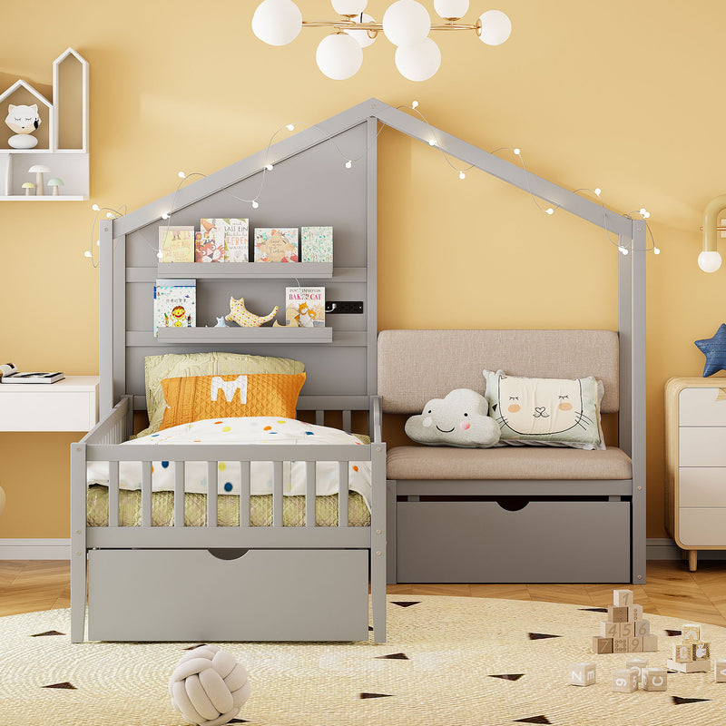 House Bed With Upholstered Sofa, Wireless Charging Station, Shelves And 2 Drawers