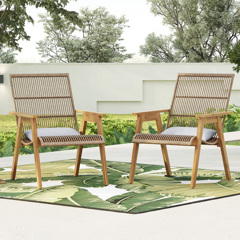 Acacia Wood Cape Woven Wicker Large Lounge Chair With Pillow For Patio, Deck, Yard, Lawn And Garden Seating Wicker (Set of 2) - Teak