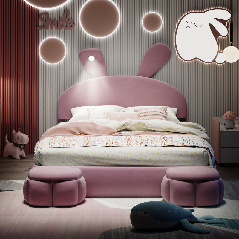 Upholstered Platform Bed With Cartoon Ears Shaped Headboard And LED Light