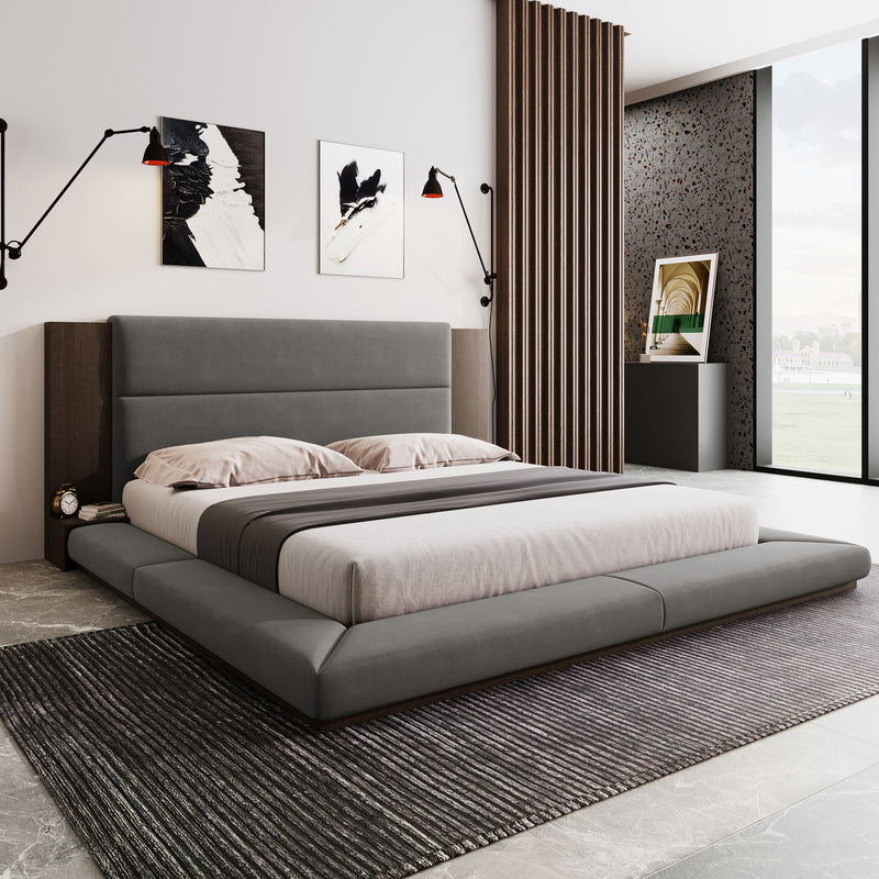 Floor Upholstered Platform Bed With Extended Headboard & Bedside Shelf