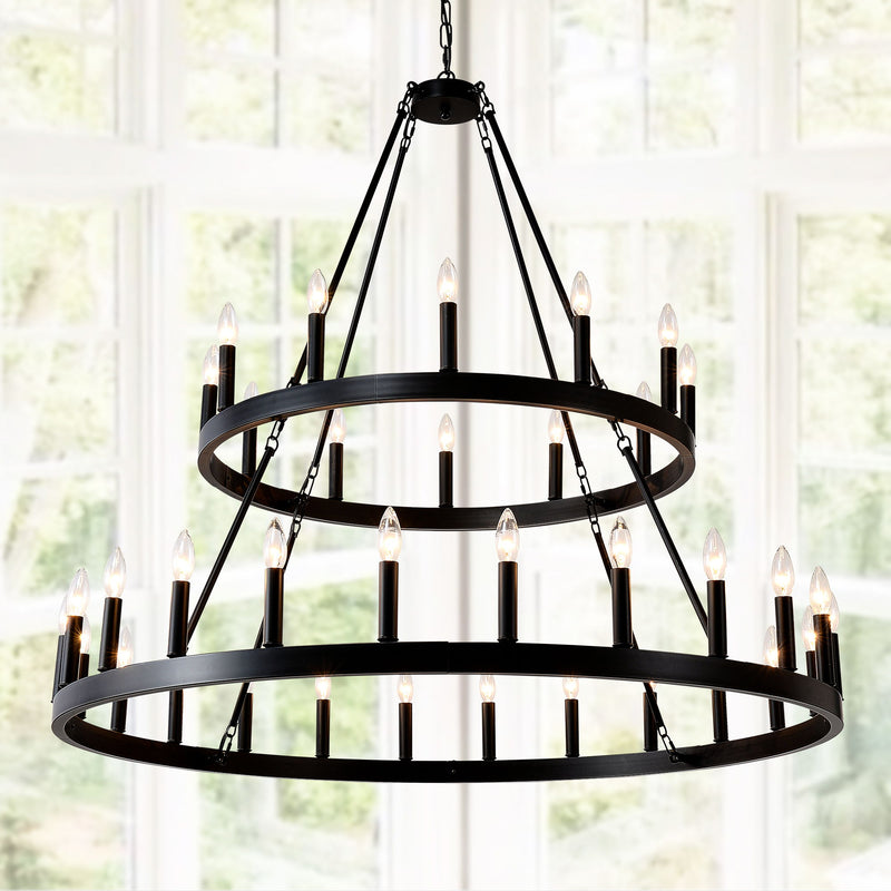 2 Tiers Wagon Wheel Chandelier Wooden Farmhouse 36 Light (24 / 12) Or (12 / 24) Metal Chandeliers 2 Story Light Fixtures Industrial For High Ceiling Living Dining Room Foyer, Adjustable Height - Black