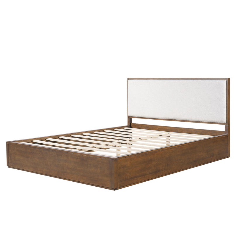 Queen Low Profile Design Bed With Upholstered Headboard - Beige / Walnut Brown