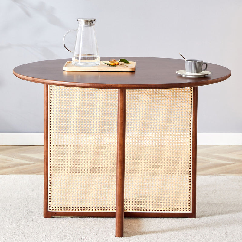 Retro Round Table With Imitation Rattan Rubber Wood - Walnut
