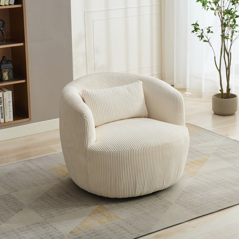 Wide Upholstered Corduroy 360° Swivel Barrel Soft Chair With Pillow