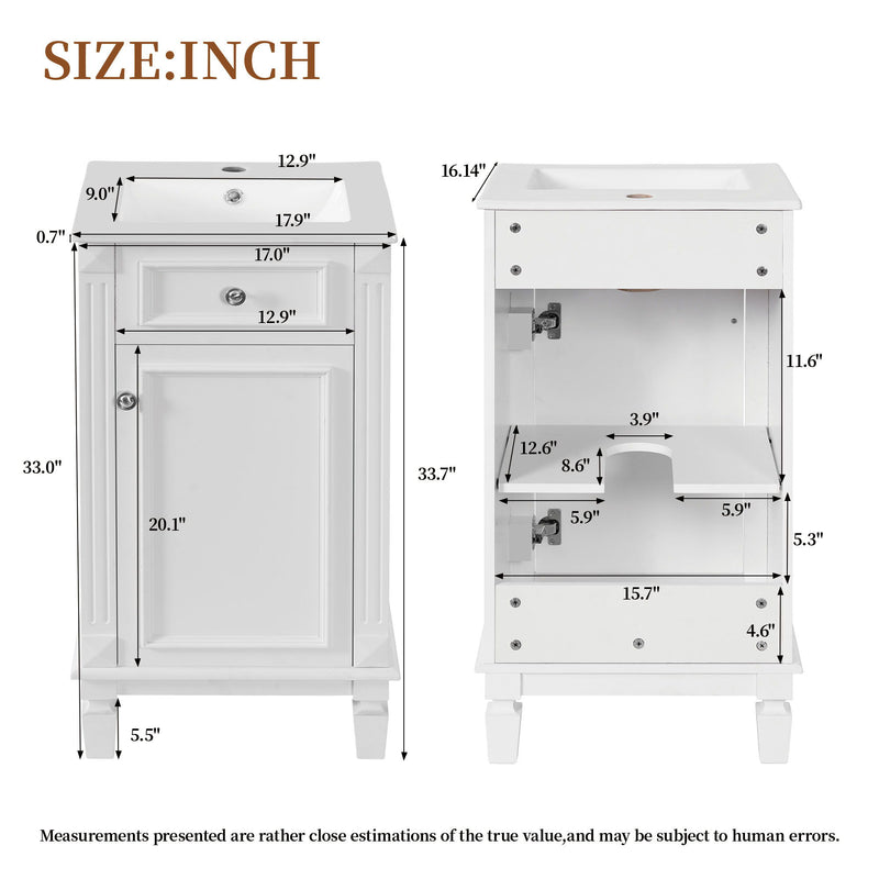 Bathroom Vanity With Sink, Cabinet, Soft-Closing Door, Adjustable Shelf - White