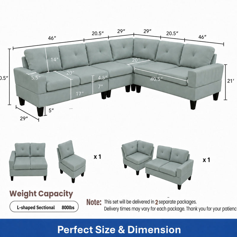 Modular L - Shaped Sectional Sofa 6 Seater 4 Piece, Couch With Chaise - Green