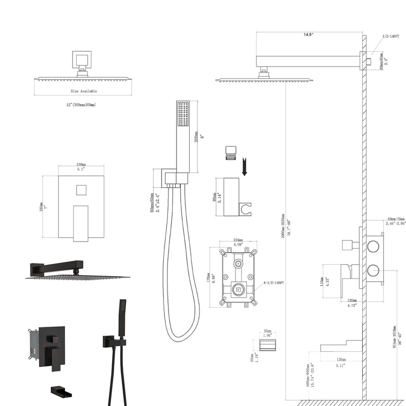 Wall Mounted Square Shower System With Waterfall Tub Spout And 12" Shower Head - Oil-Rubbed Bronze