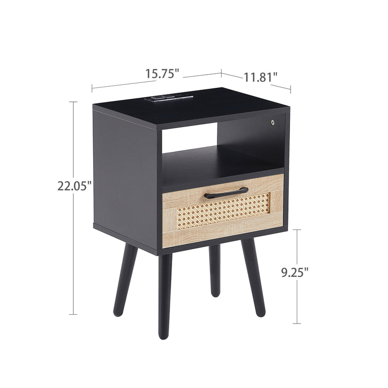 15.75" Rattan End Table With Power Outlet & USB Ports, Modern Nightstand With Drawer And Solid Wood Legs, Side Table For Living Room, Bedroom