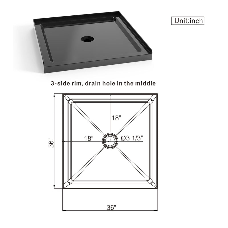 Shower Base, Anti Slip Center Drain Single Threshold - Black