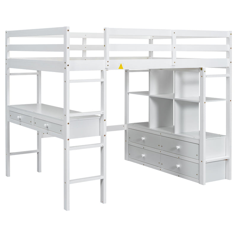 Full Size Loft Bed With Built In Desk, 2 Drawers, Storage Shelves - White