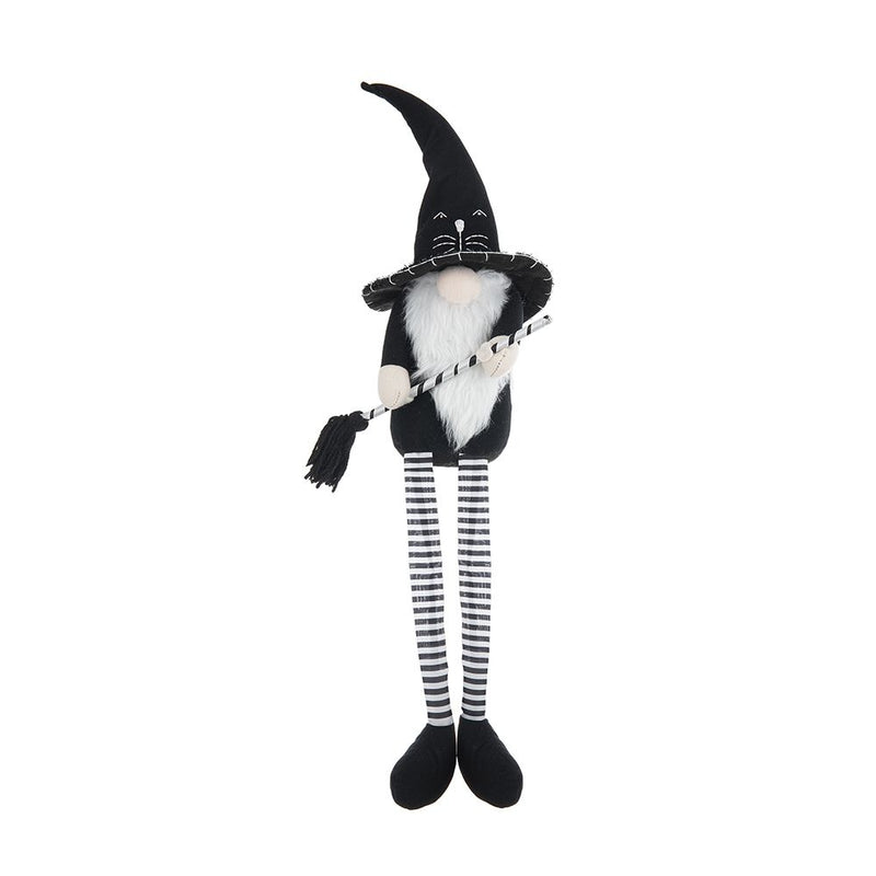 Sitting Gnome With Broomstick & Long Legs, For Halloween Decor - Black White